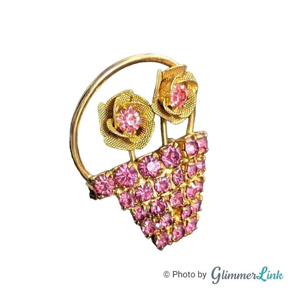 Vintage Rose Flowers Basket Pink Rhinestones Gold Tone Brooch - Picture 3 of 6